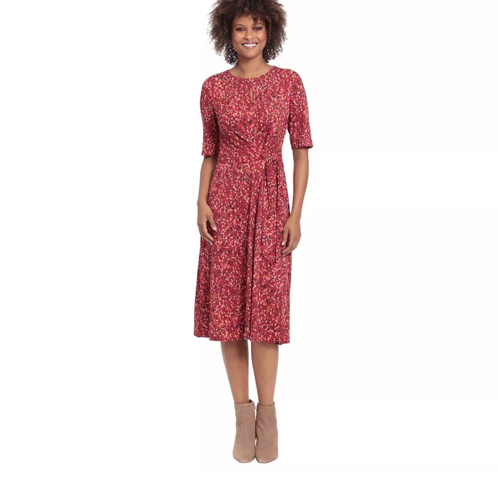 London Times Red Midi Dress with Cuffed Sleeves and Crew Neck